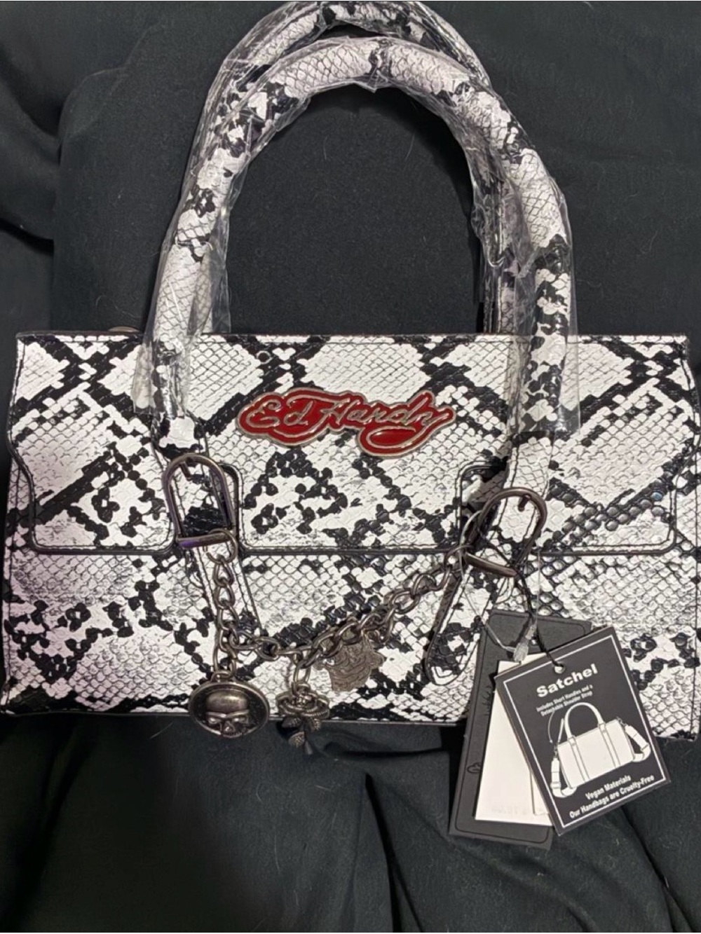Ed Hardy Black & White Snakeskin Satchel with Logo Charm
